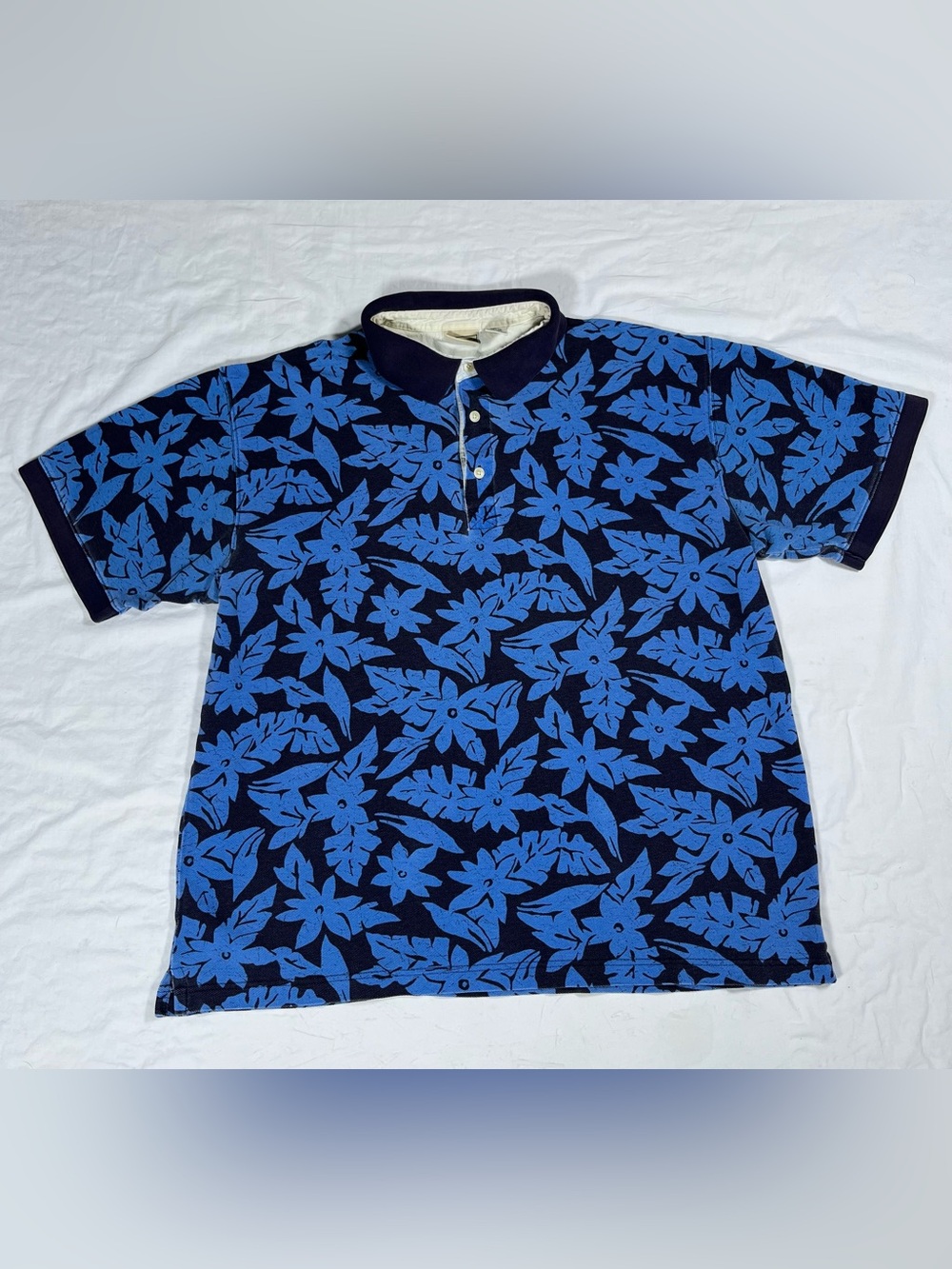 Vintage LL Bean Blue Hawaiian Floral Polo Men’s Extra Large Knit